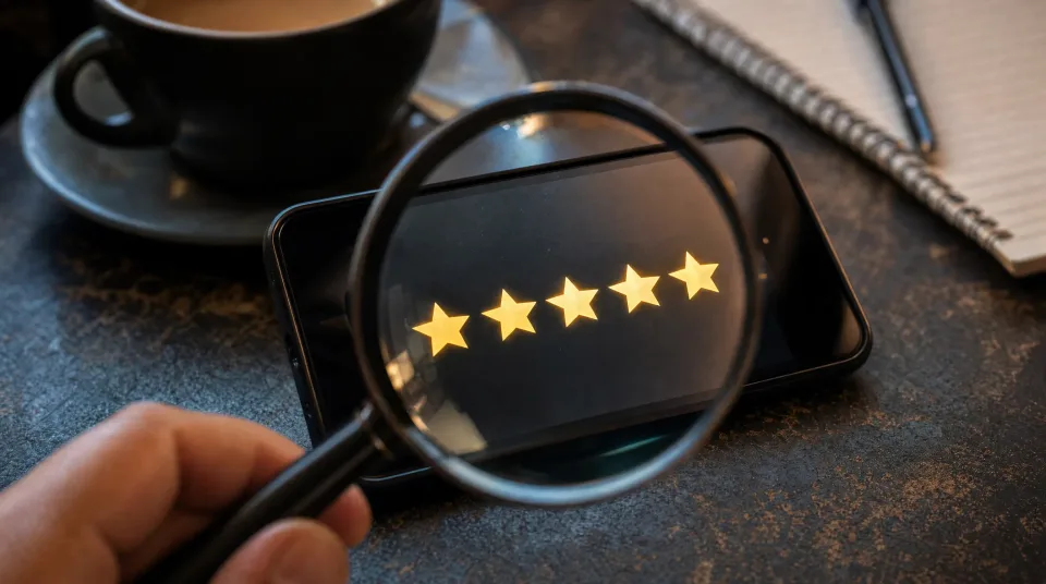Lupe über einer perfekten 5-Sterne-Bewertung auf einem Smartphone – ist die Bewertung verdächtig?