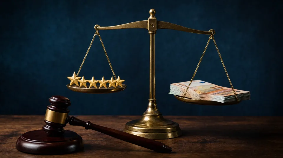 Goldene Bewertungssterne auf einer Waagschale neben einem Richterhammer – Symbol für die Frage, ob Bewertungen kaufen legal ist