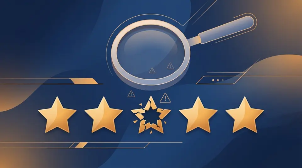Lupe über Sternebewertungen symbolisiert das Erkennen von Fake-Bewertungen