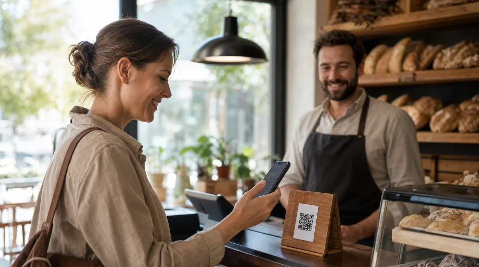 Kundin scannt am Ladentresen einen QR-Code, um eine Google-Bewertung abzugeben