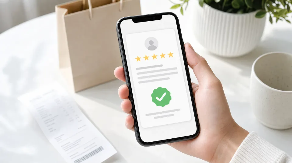 Smartphone mit Kundenbewertung und grünem Häkchen als Symbol für verifizierte Bewertungen